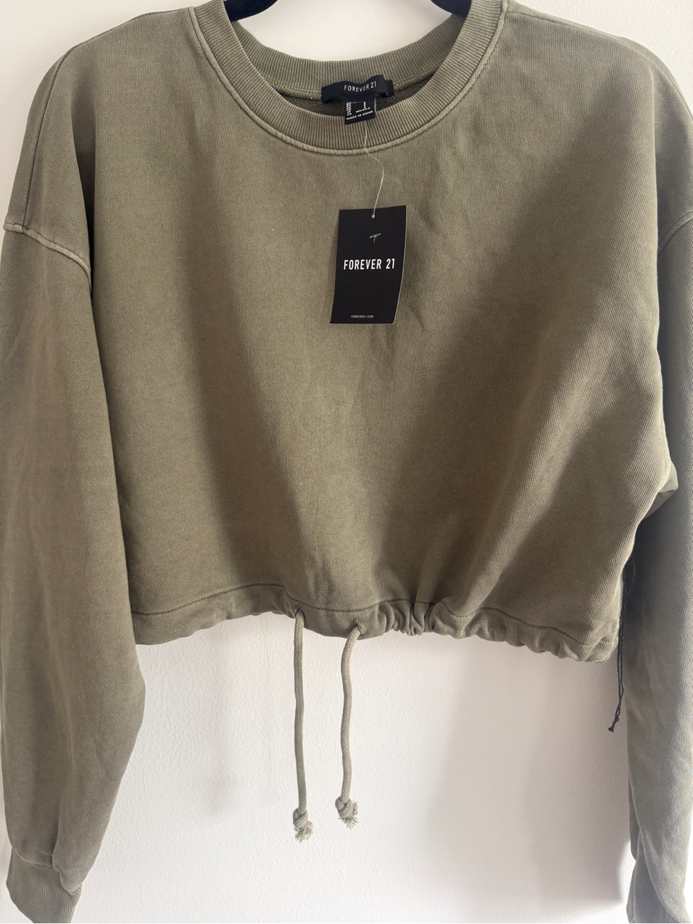Forever 21 Olive Green Cropped Drawstring Sweatshirt - Women